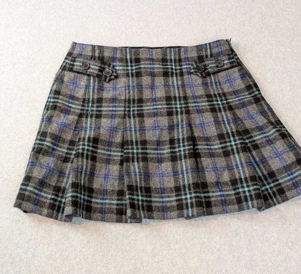 GAP Skirt Sz 1 SM Gray Blue Plaid Wool Blend Pleated Mini Academia Office Preppy